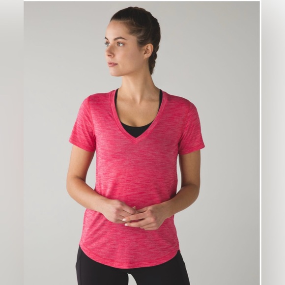 lululemon athletica Tops - Lululemon What The Sport Tee V-Neck Size 2 Heathered Boom Juice Pink Running